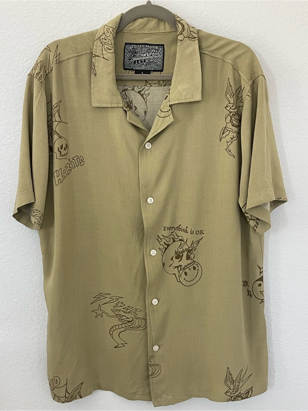 Brooklyn Cloth Men’s L Tattoo Graphic Rayon Button Up Shirt Skull Snake